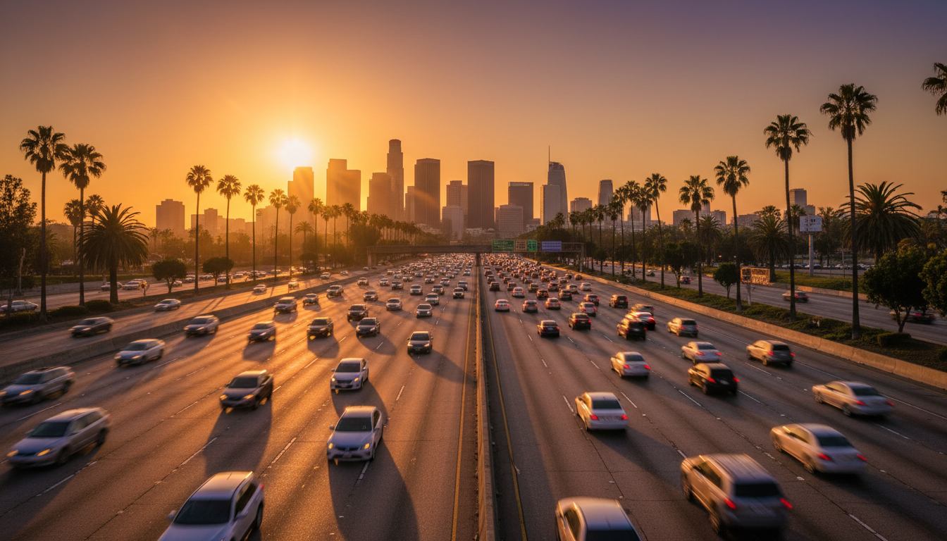 Eight lanes of Los Angeles freeway traffic at golden hour with the downtown skyline rising in the haze ahead