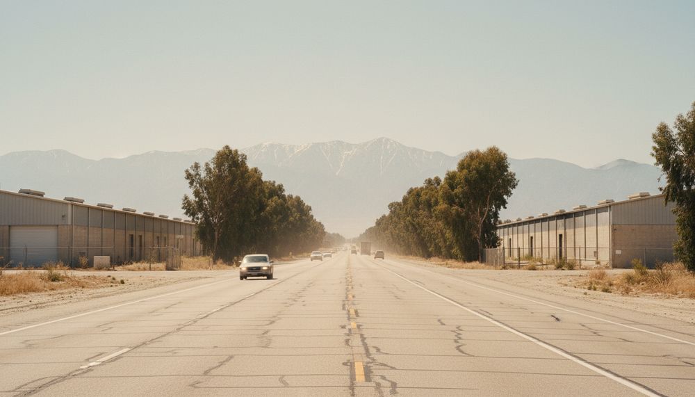 A wide Inland Empire arterial road with heat haze and the San Gabriel mountains beyond