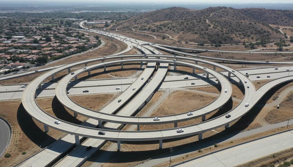 A four-level Southern California freeway interchange seen from the air