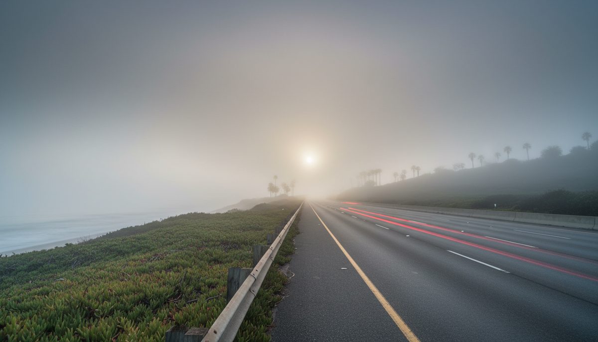 A Southern California coastal freeway at dawn with the marine layer sitting low over the lanes