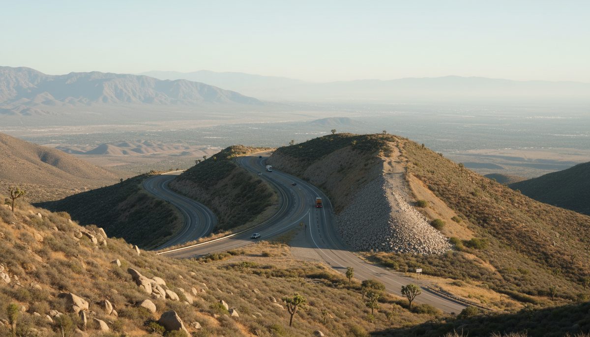 A highway climbing through a Southern California mountain pass above a hazy desert valley
