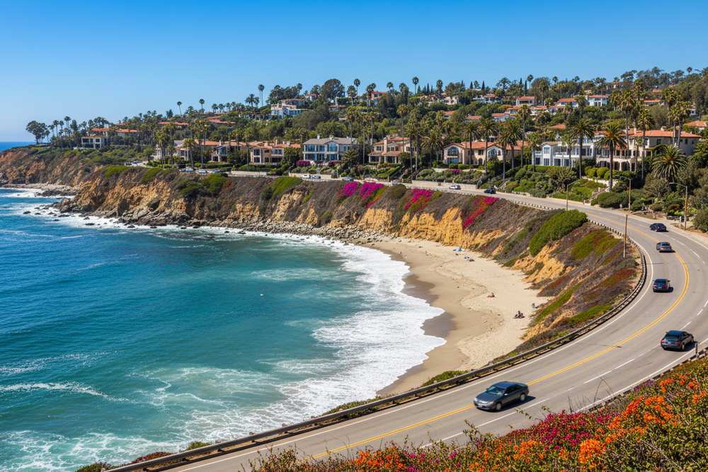 A coast highway curving above a turquoise cove in Orange County