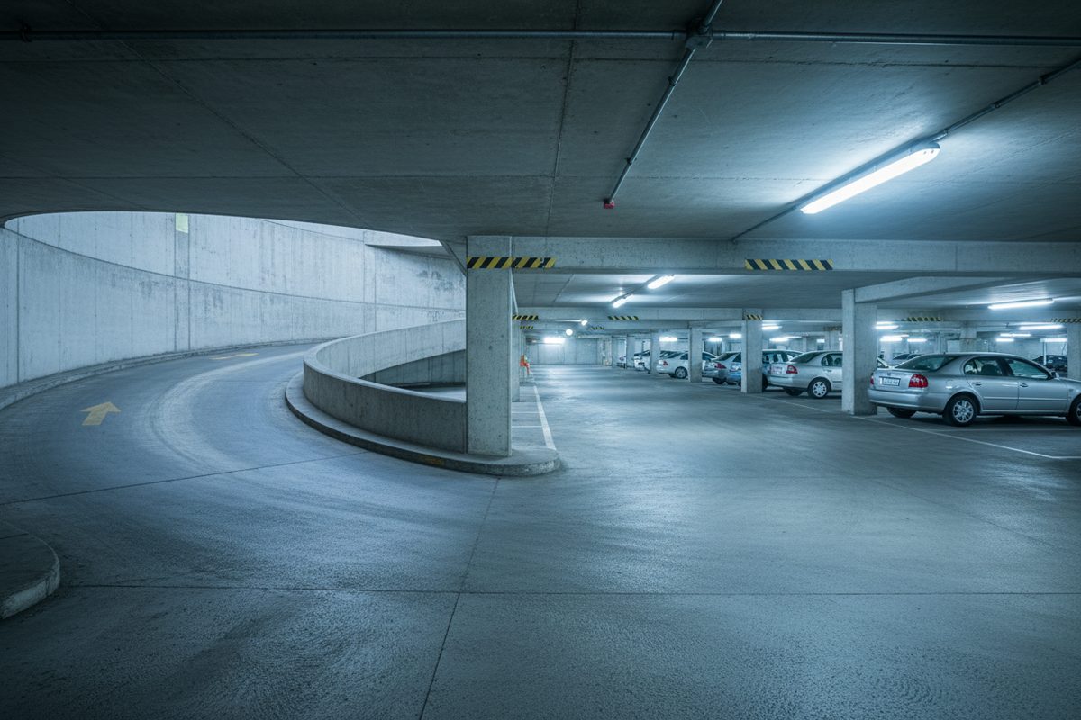 The curving concrete ramp and painted stall lines inside a multi-story parking structure