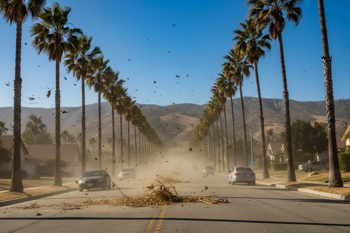 Palm fronds whipped sideways and dust blowing across a road during Santa Ana winds