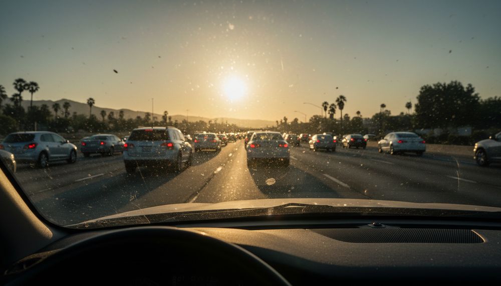 Stop-and-go Southern California freeway traffic seen through a windshield, brake lights ahead