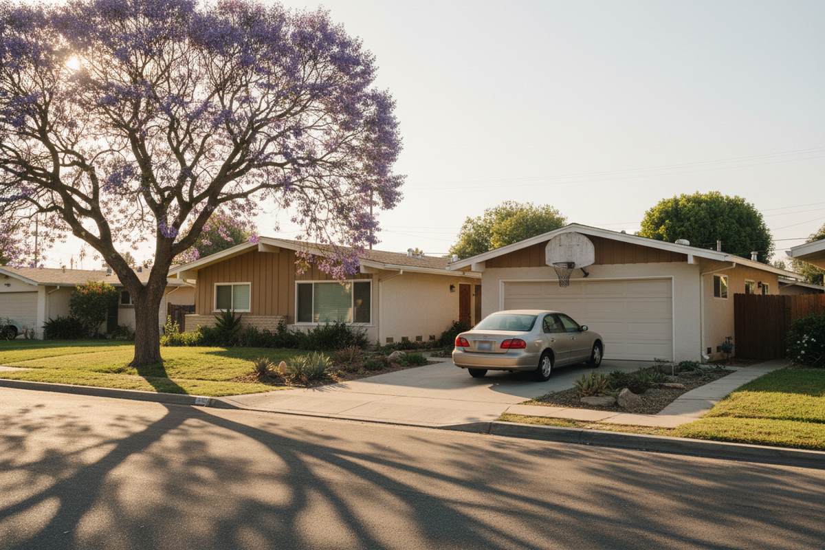 A quiet Southern California suburban street of mid-century homes in late afternoon light